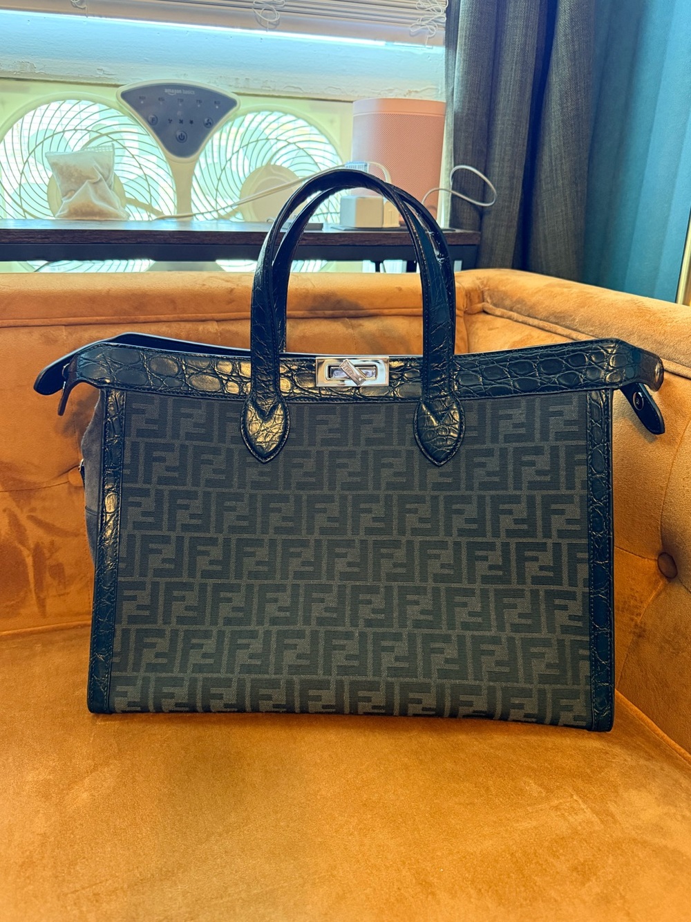 FENDI Peekaboo Zucca Pattern Handbag black